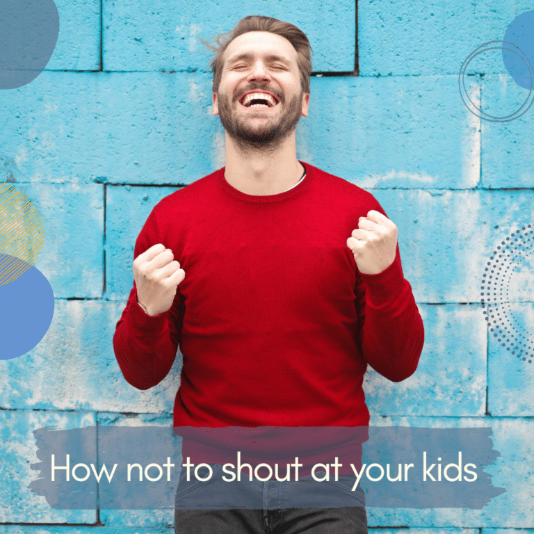 Photo of man in red jumper against light blue wall, the man is pumping his fists in celebration, banner across the bottom of the image reads How not to shout at your kids