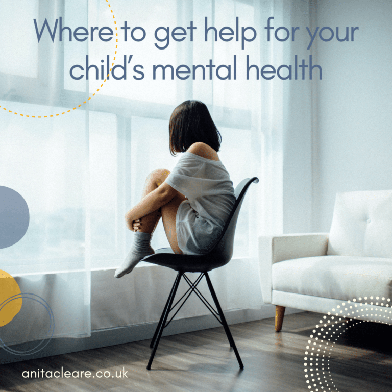 Photo of girl in a chair staring out of the window with caption to accompany resource list for parents on supporting children's mental health