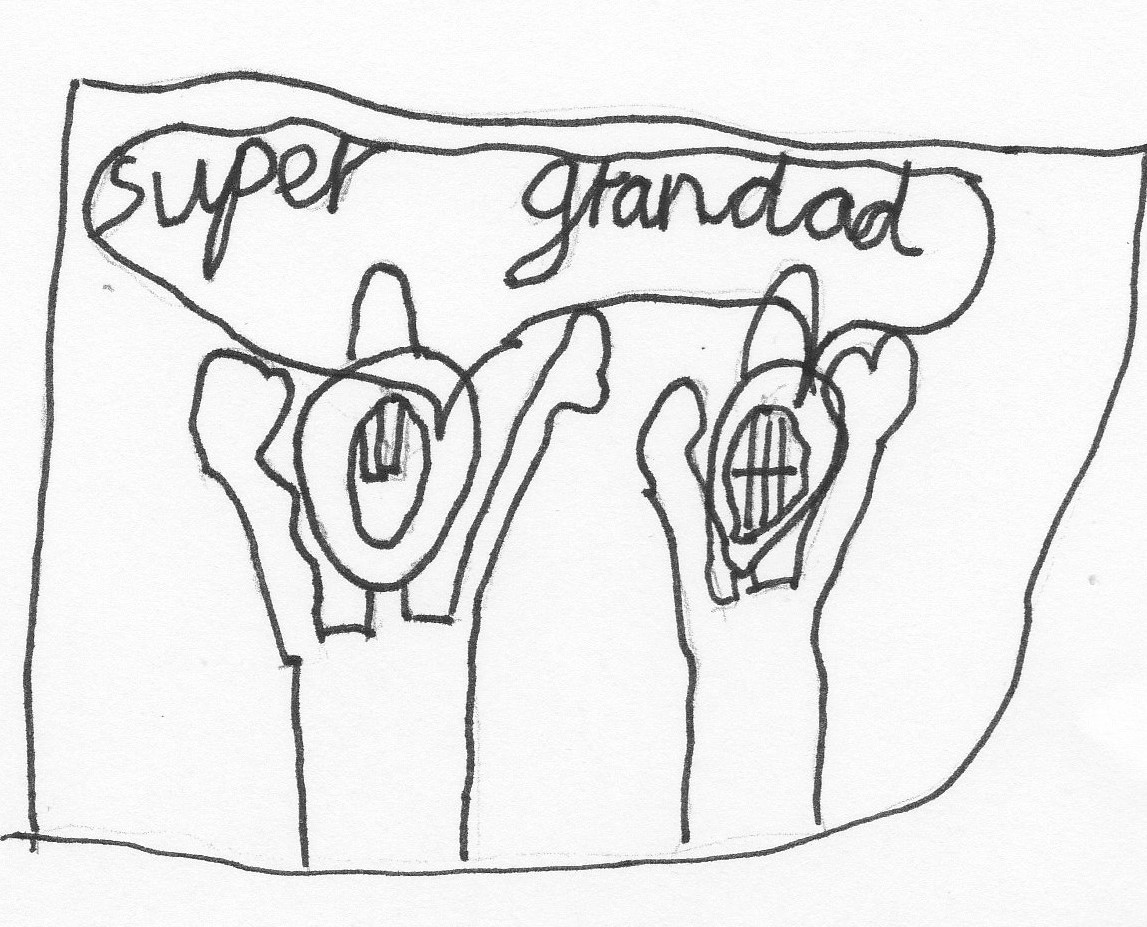 pencil drawing of children calling for their grandparents