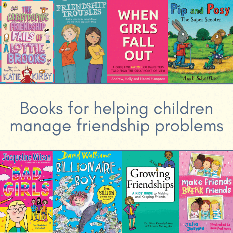 photo montage of 8 book covers which are all recommended books for helping children manage friendship problems