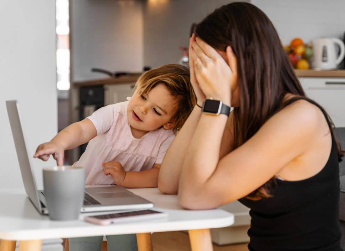 photo of stressed mum and child