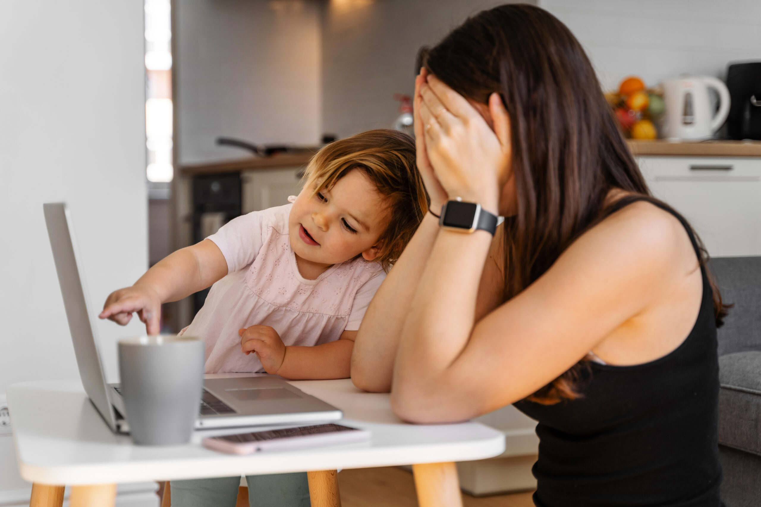 photo of stressed mum and child