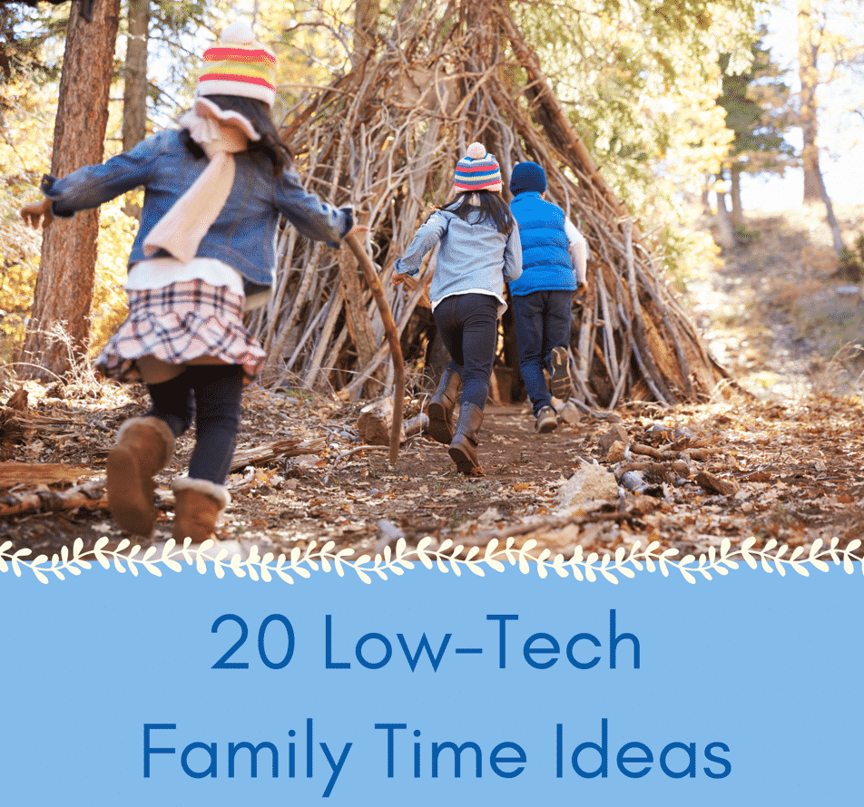 20 low tech family tog post by parenting expert Anita Cleare (photo of kids in the woods)