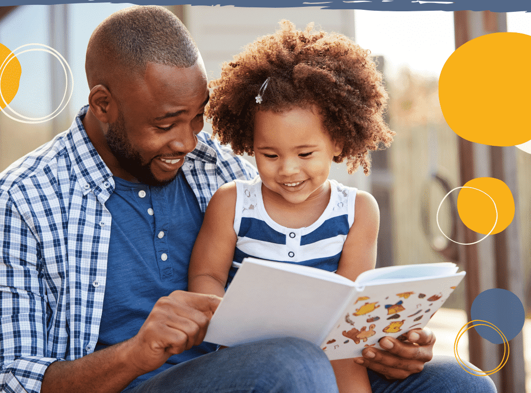 Photo of dad and daughter looking at a book to illustrate Watch Now parenting webinar on story time