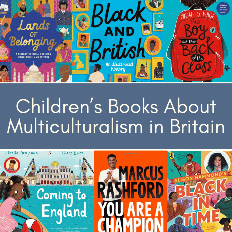 photo montage of book covers showing children's books about multiculturalism in Britain