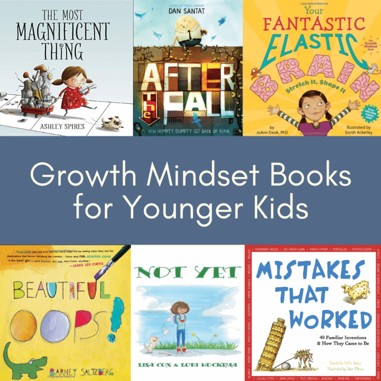 Book covers of growth mindset books for younger kids