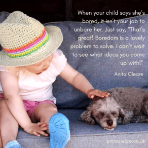 Quote by parenting expert Anita Cleare over photo of young girl stroking a dog.