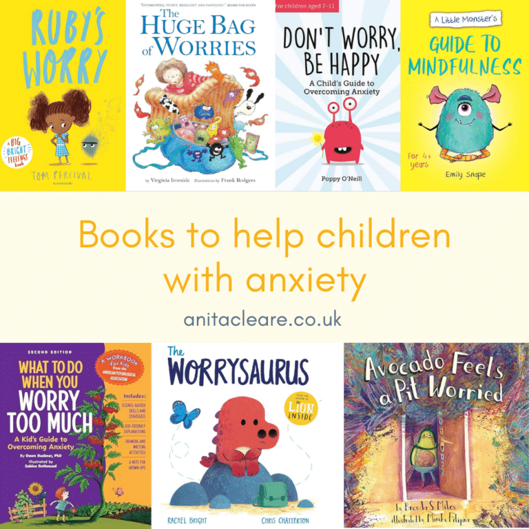 montage of various covers of books to help children with anxiety