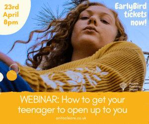 Advert for parenting webinar for parents of teenagers showing photo of teenager in a mustard coloured top looking down towards camera against blue sky