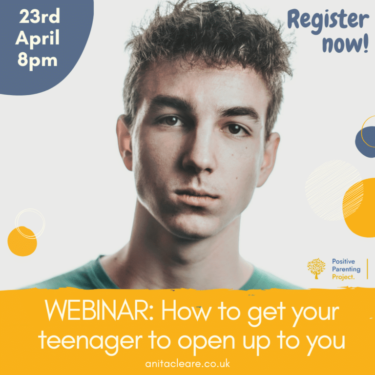Advert for live webinar presented by parenting expert Anita Cleare on How to get your teenager to open up to you. Features photo of teenage boy looking directly at the camera not smiling