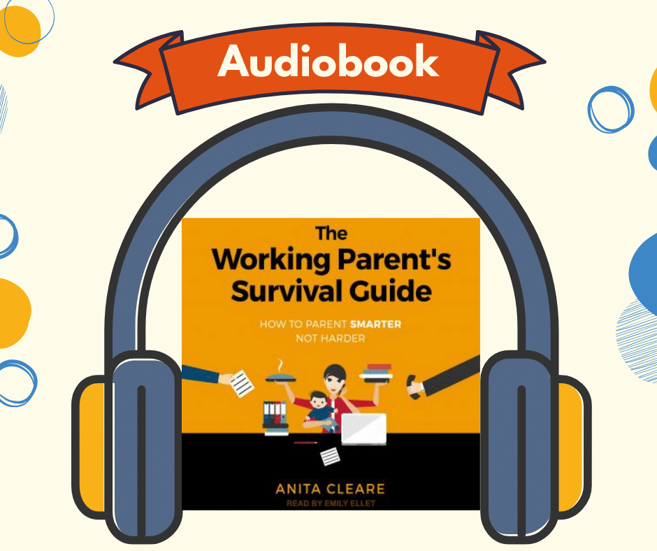 photo collage showing audiobook cover of The Working Parent's Survival Guide by Anita Cleare inside a drawing of headphones
