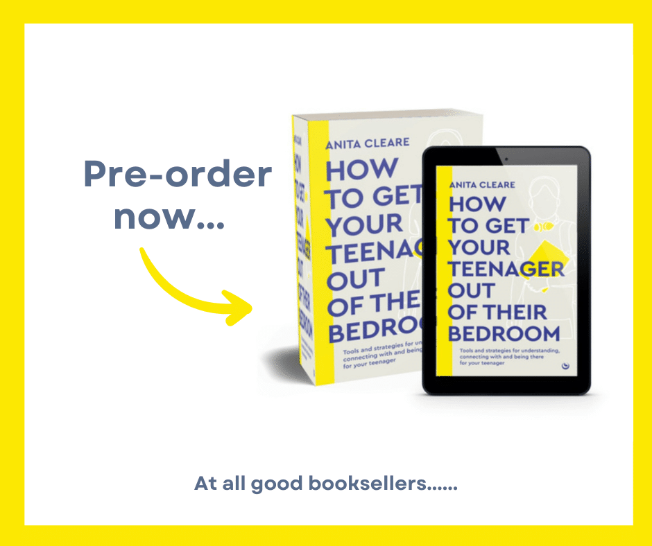 Photo of book How to Get Your Teenager Out of Their Bedroom by Anita Cleare next to tablet showing e-book version with caption Pre-order Now