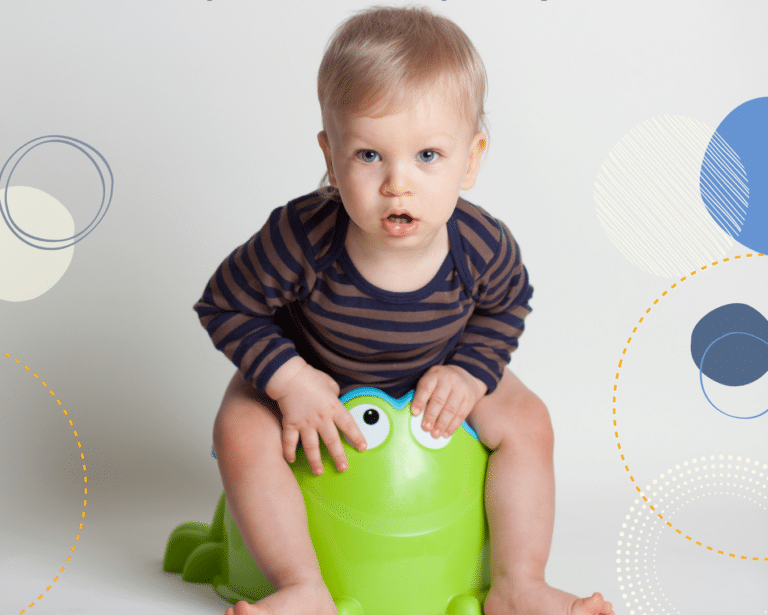 Photo of toddler in a stripey top sitting on a green potty and looking at the camera to illustrate article on teaching your child to poo on a potty