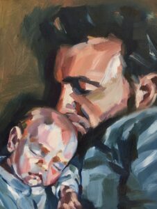 Painting of dad lying together with a sleeping baby and kissing the top of his head, by Sheri Gee
