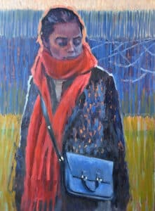 Painting of woamn wearing a red scarf and blue coat and carrying a blue bag, looking down, by Sheri Gee