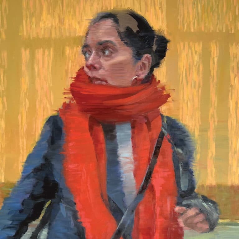 Painting of woman wearing red scarf by Sheri Gee titled "I Did Almost Nothing"