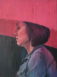 Painting of dark haired woman under a red umbrella, by Sheri Gee