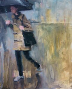 Painting of woman walking under an umbrella in the rain by Sheri Gee