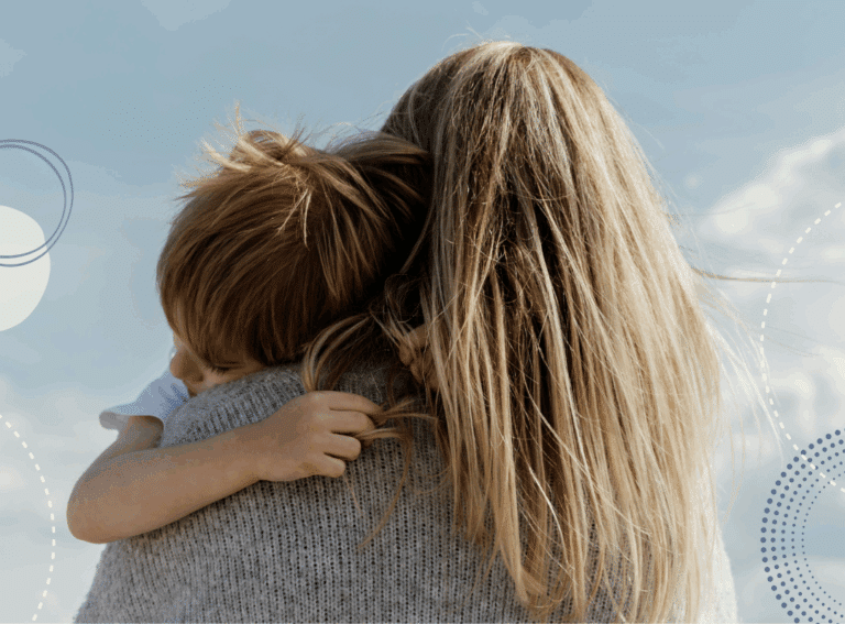 photo taken from behind of a mum holding a young child to accompany article on parenting well after a difficult childhood
