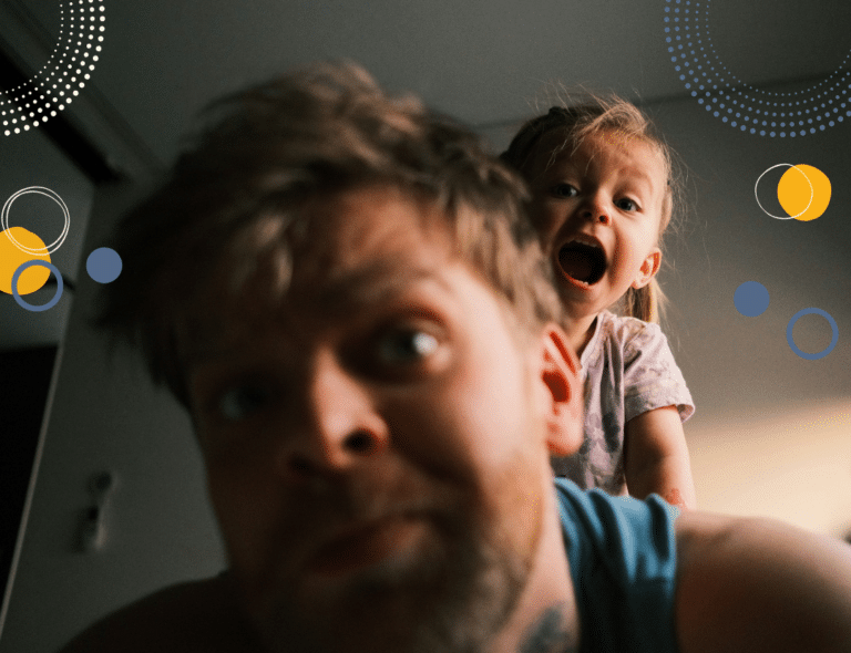 Photo of stressed dad with happy child to illustrate article on over-parenting